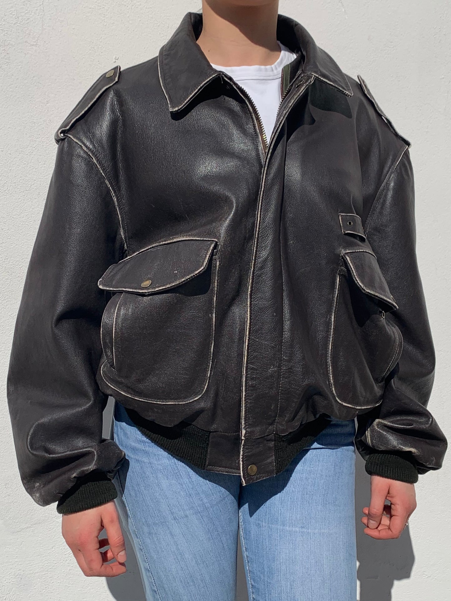 Vintage distressed leather bomber