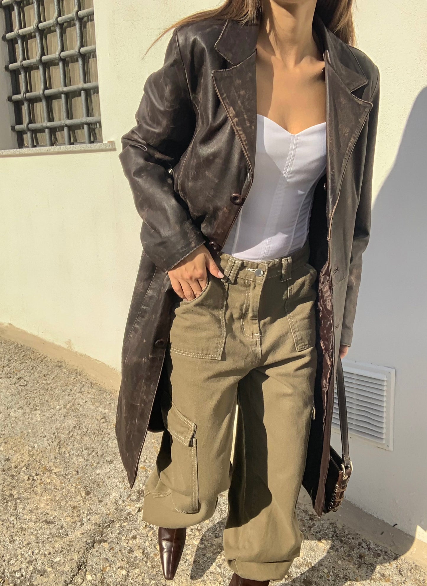 Vintage distressed leather trench coat