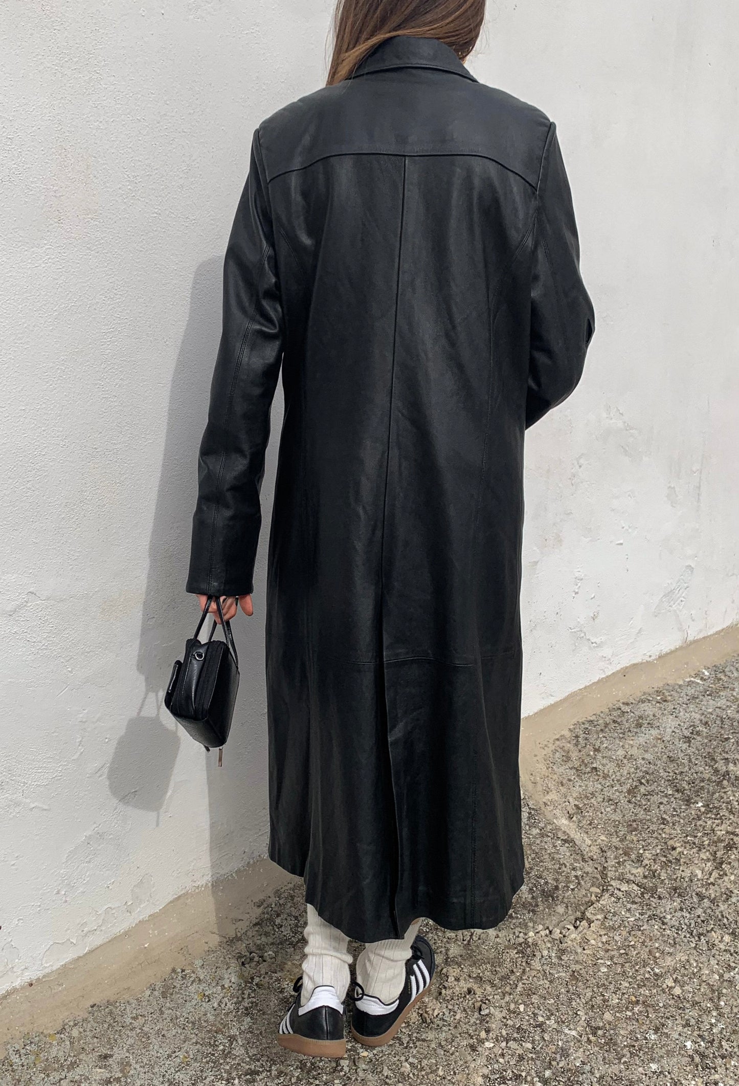 Black leather long trench coat