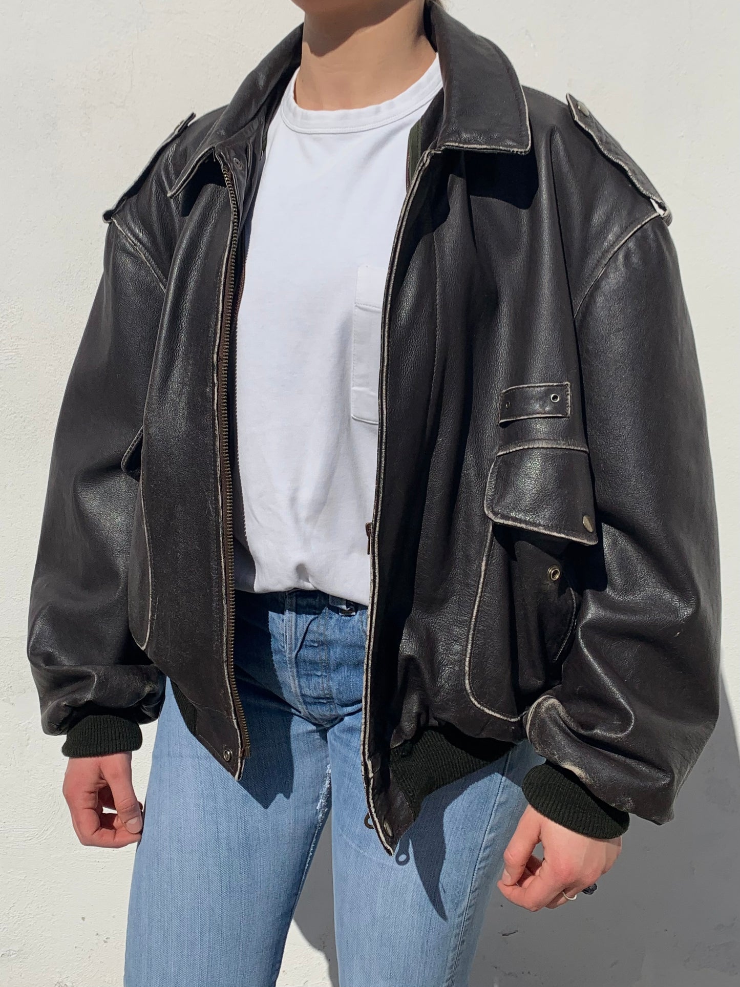 Vintage distressed leather bomber