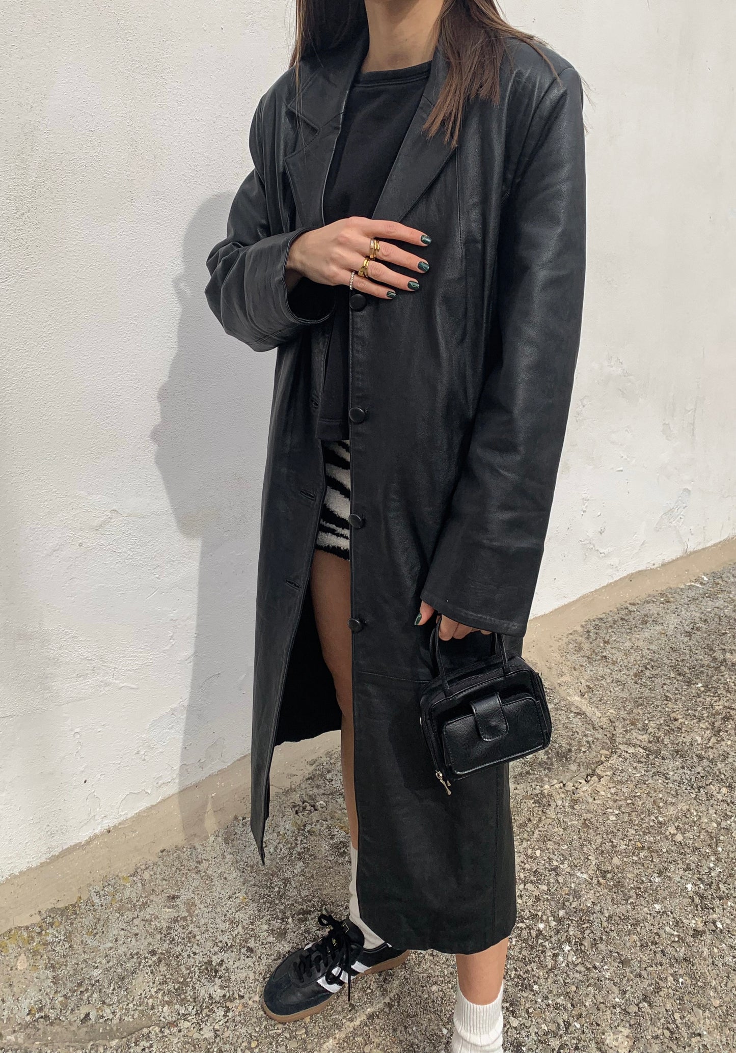 Black leather long trench coat