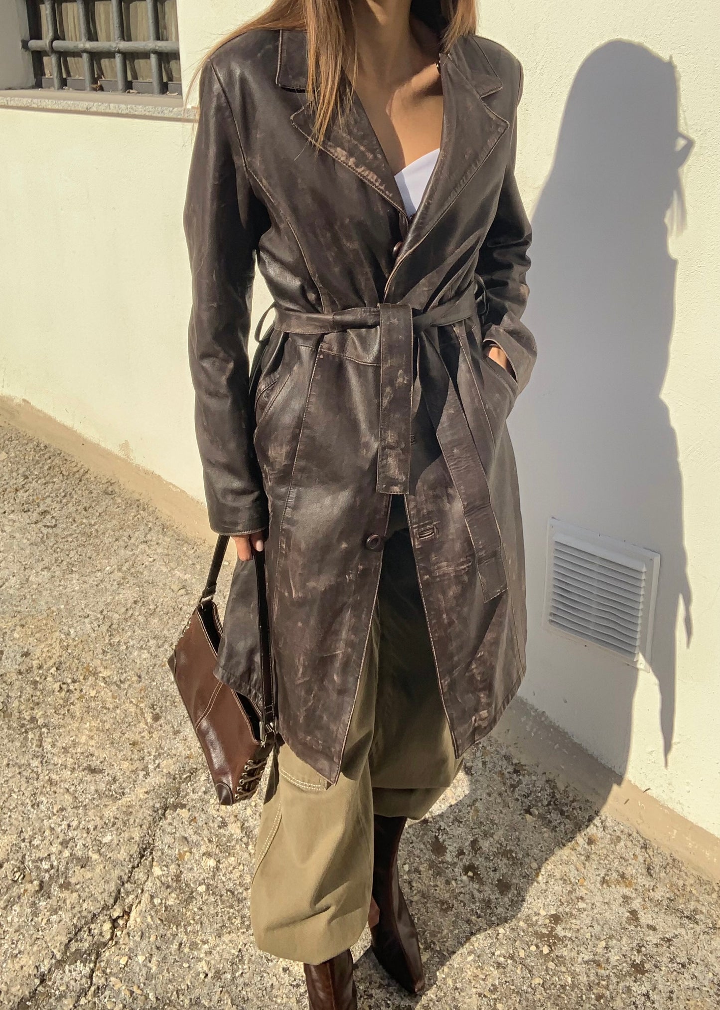 Vintage distressed leather trench coat