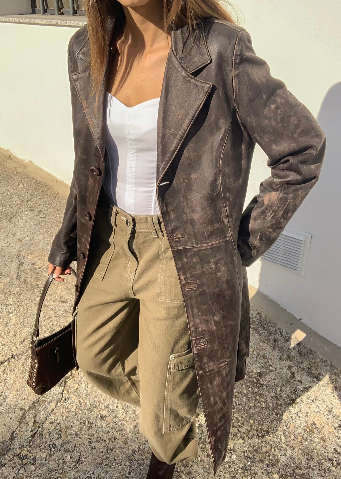 Vintage distressed leather trench coat