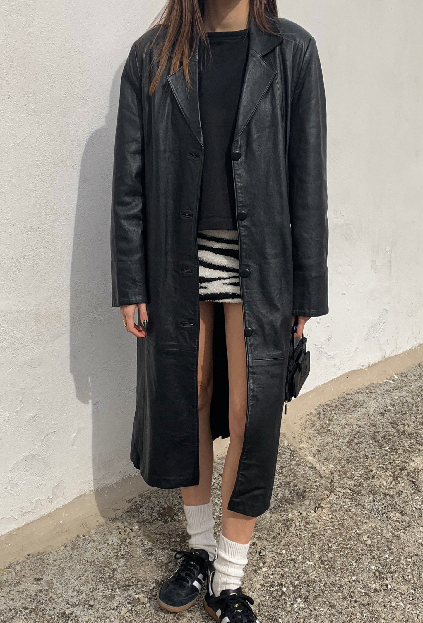 Black leather long trench coat