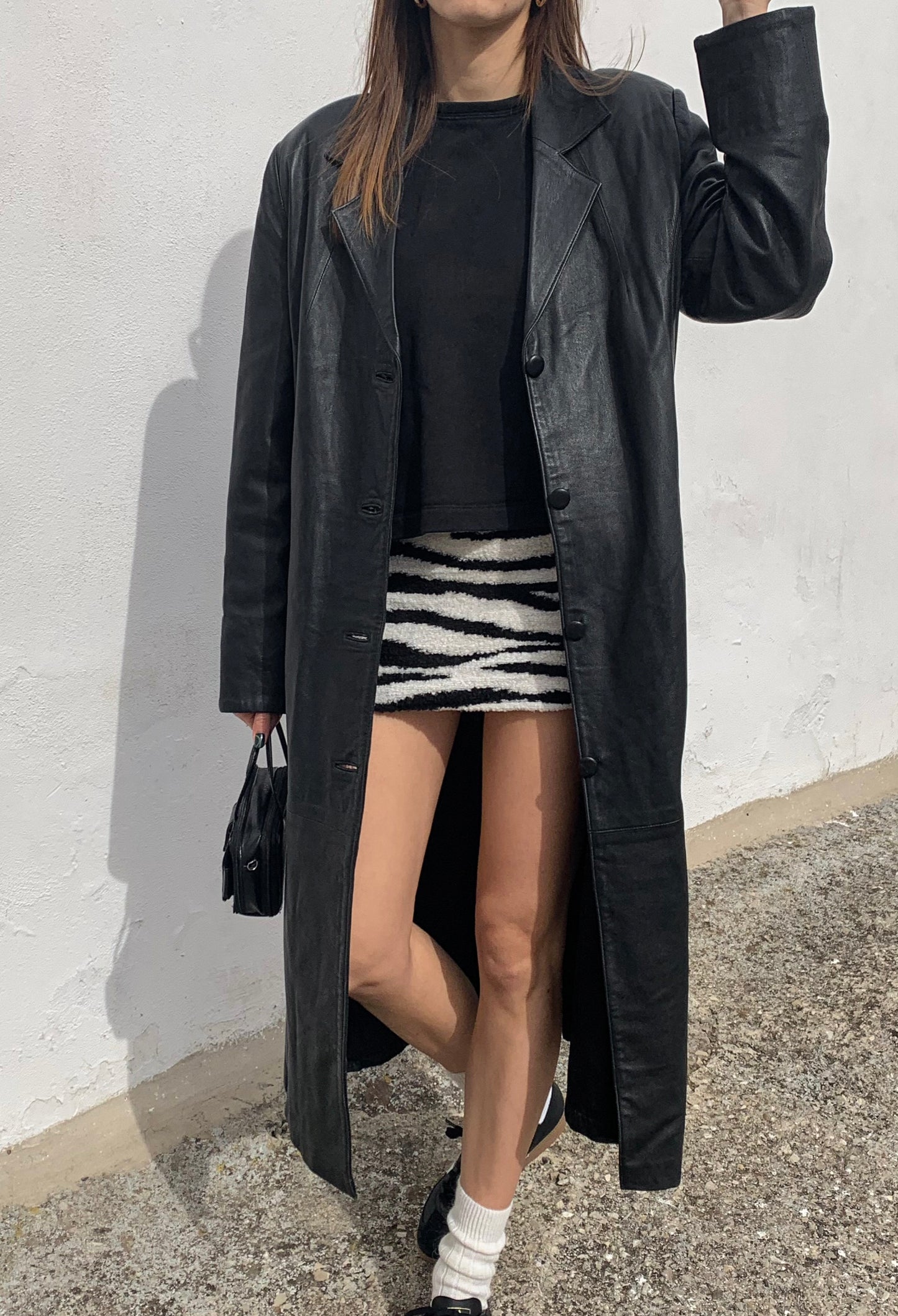 Black leather long trench coat