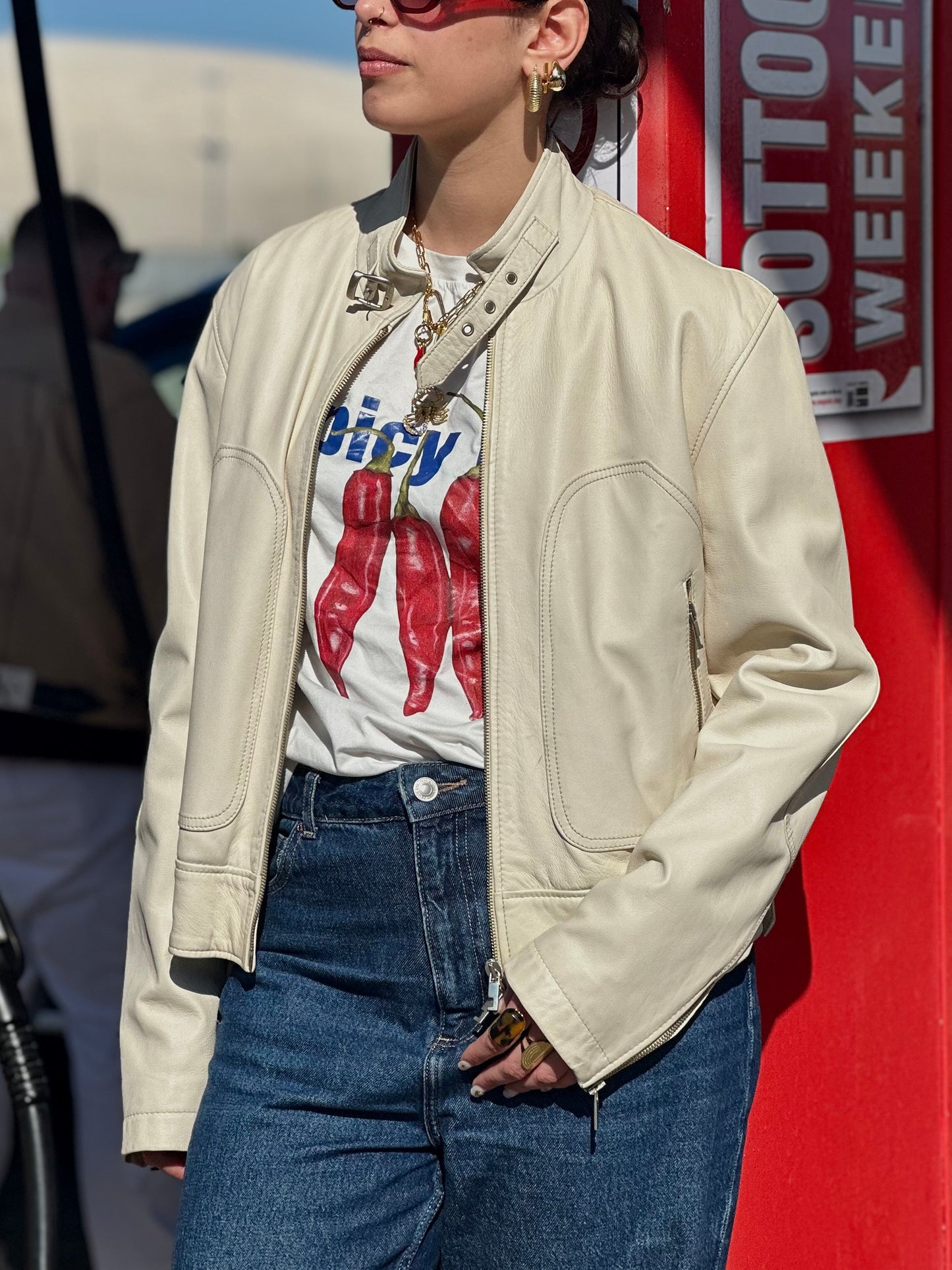 Latte leather biker