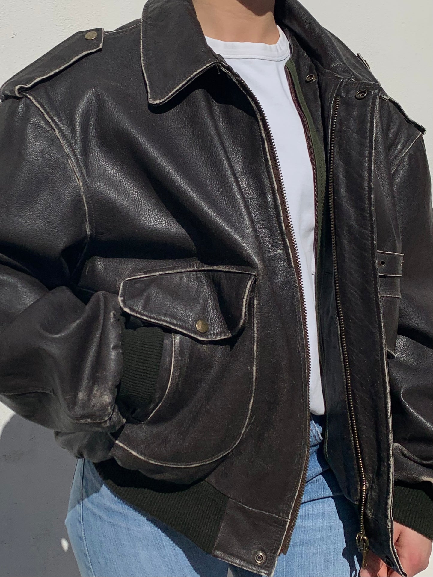 Vintage distressed leather bomber
