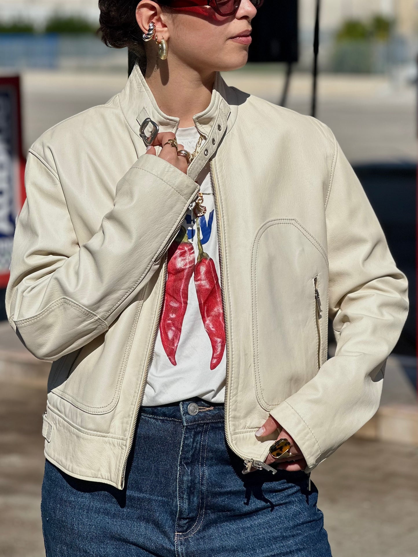 Latte leather biker