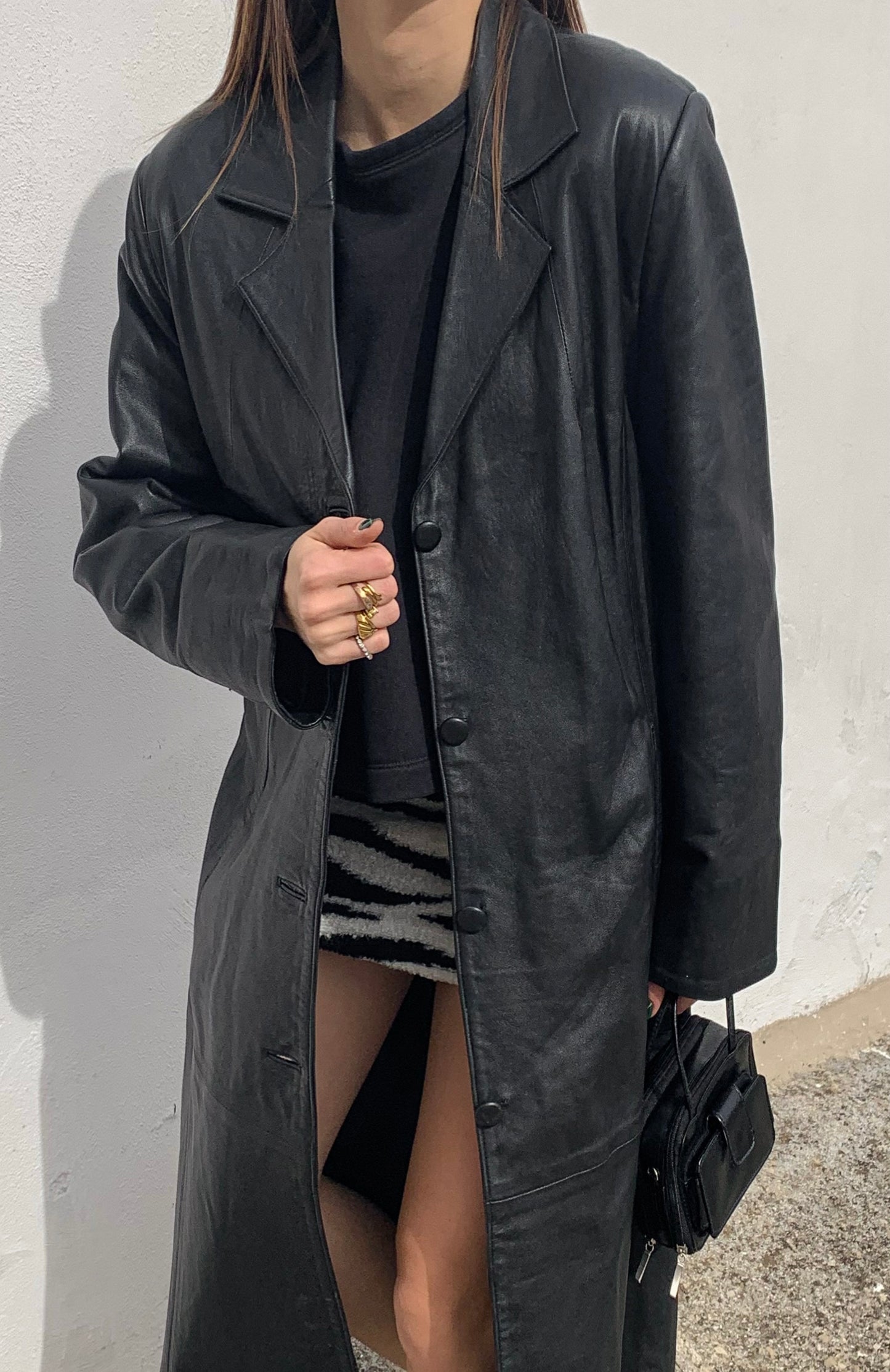 Black leather long trench coat