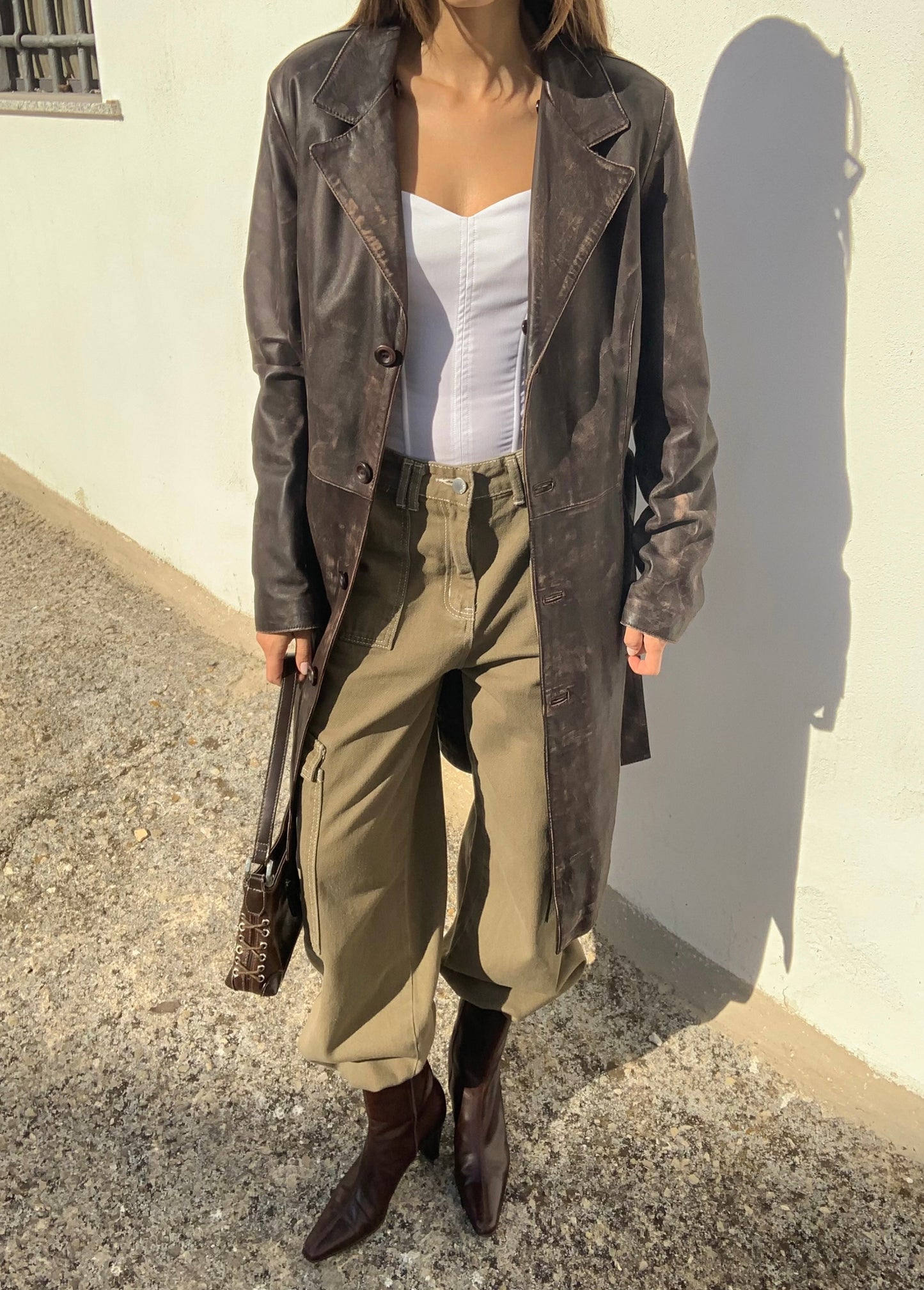 Vintage distressed leather trench coat