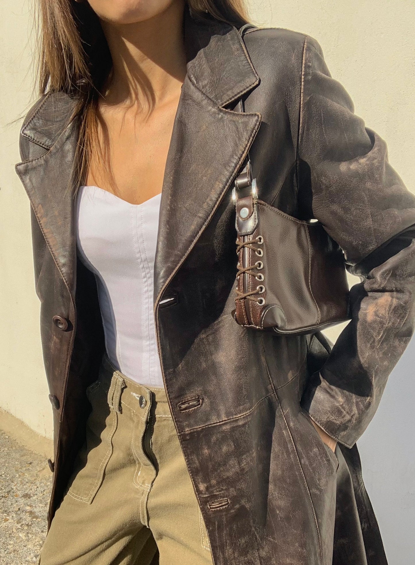 Vintage distressed leather trench coat