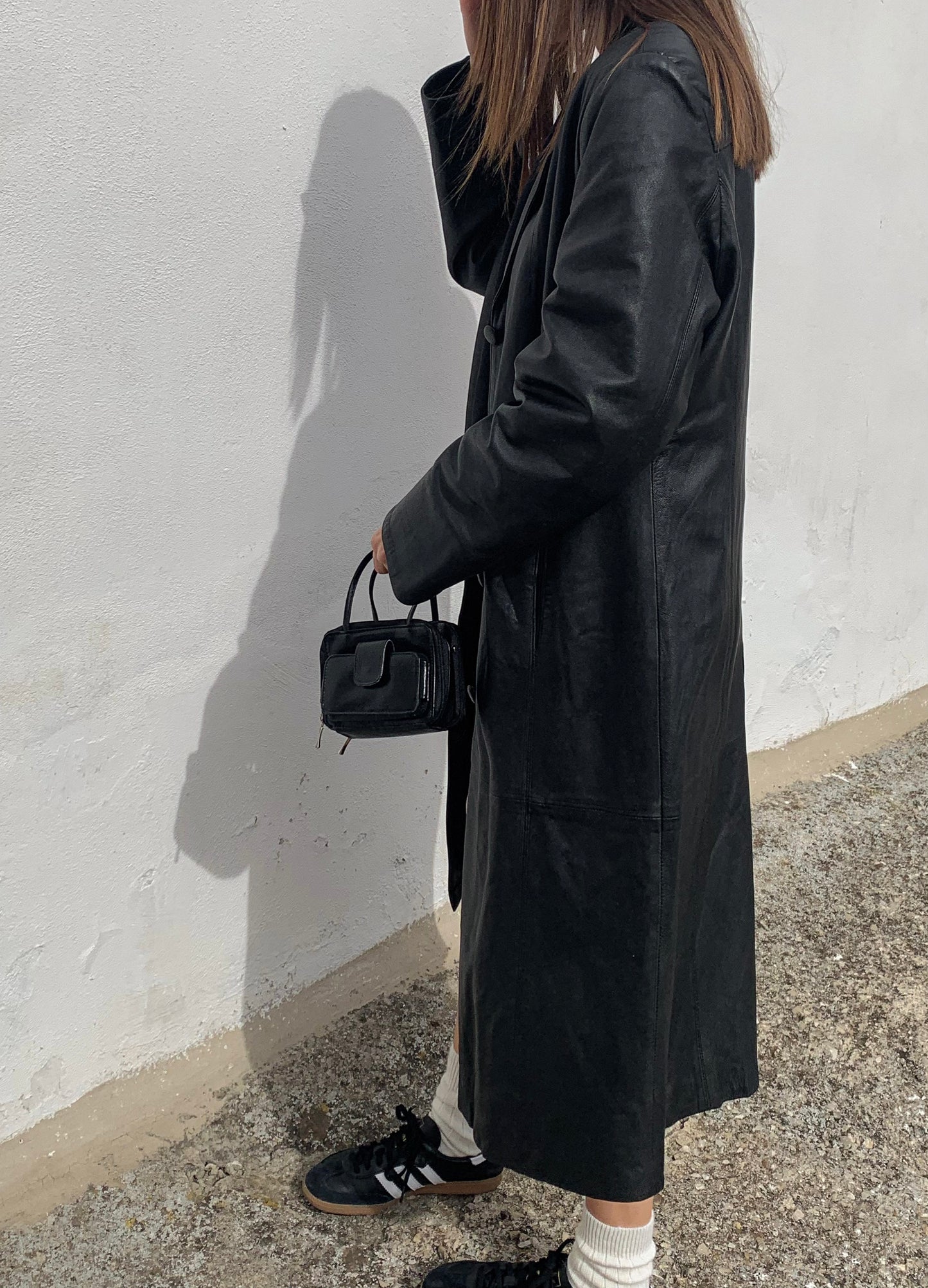 Black leather long trench coat