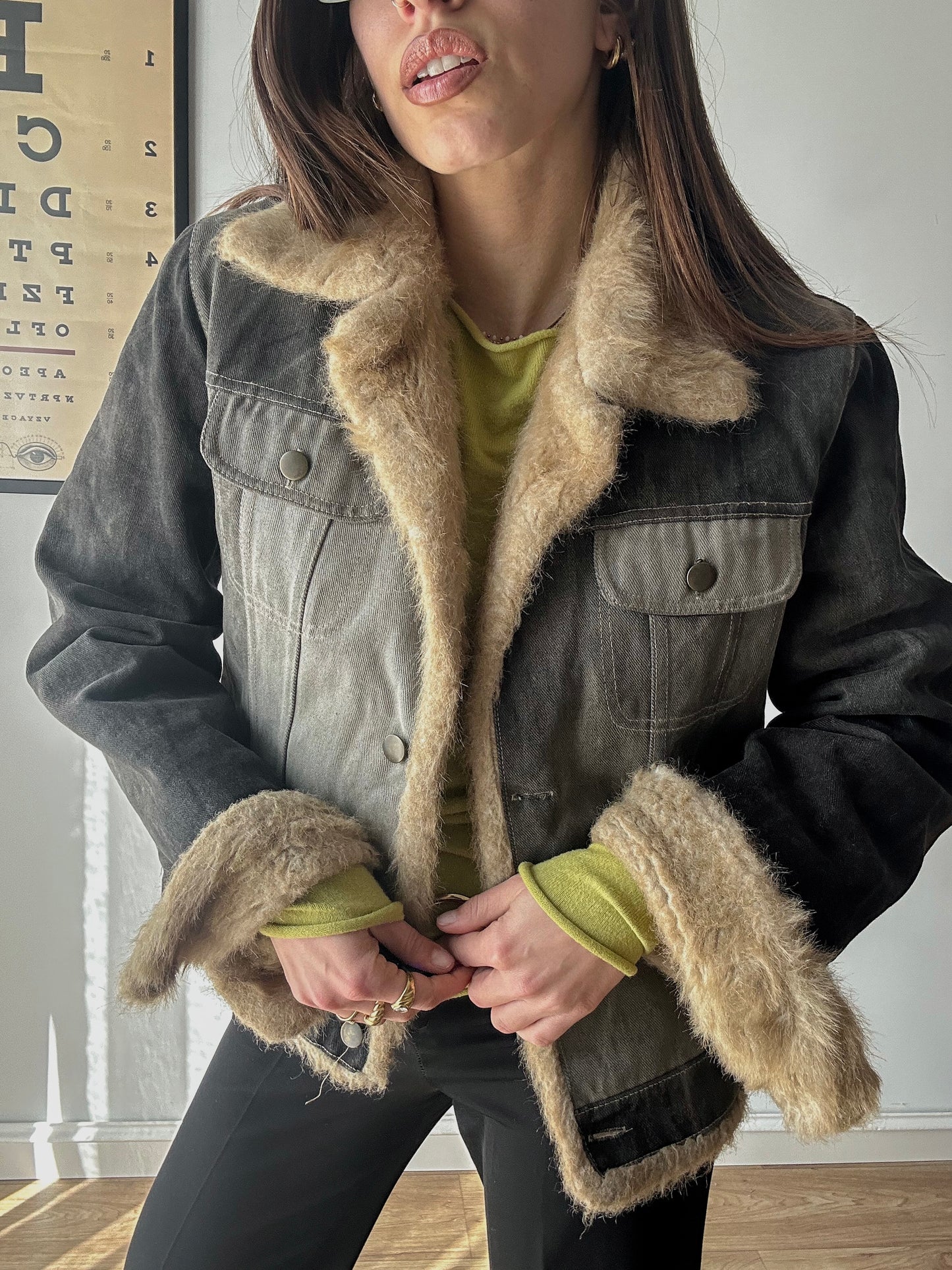 Faux fur washed denim jacket