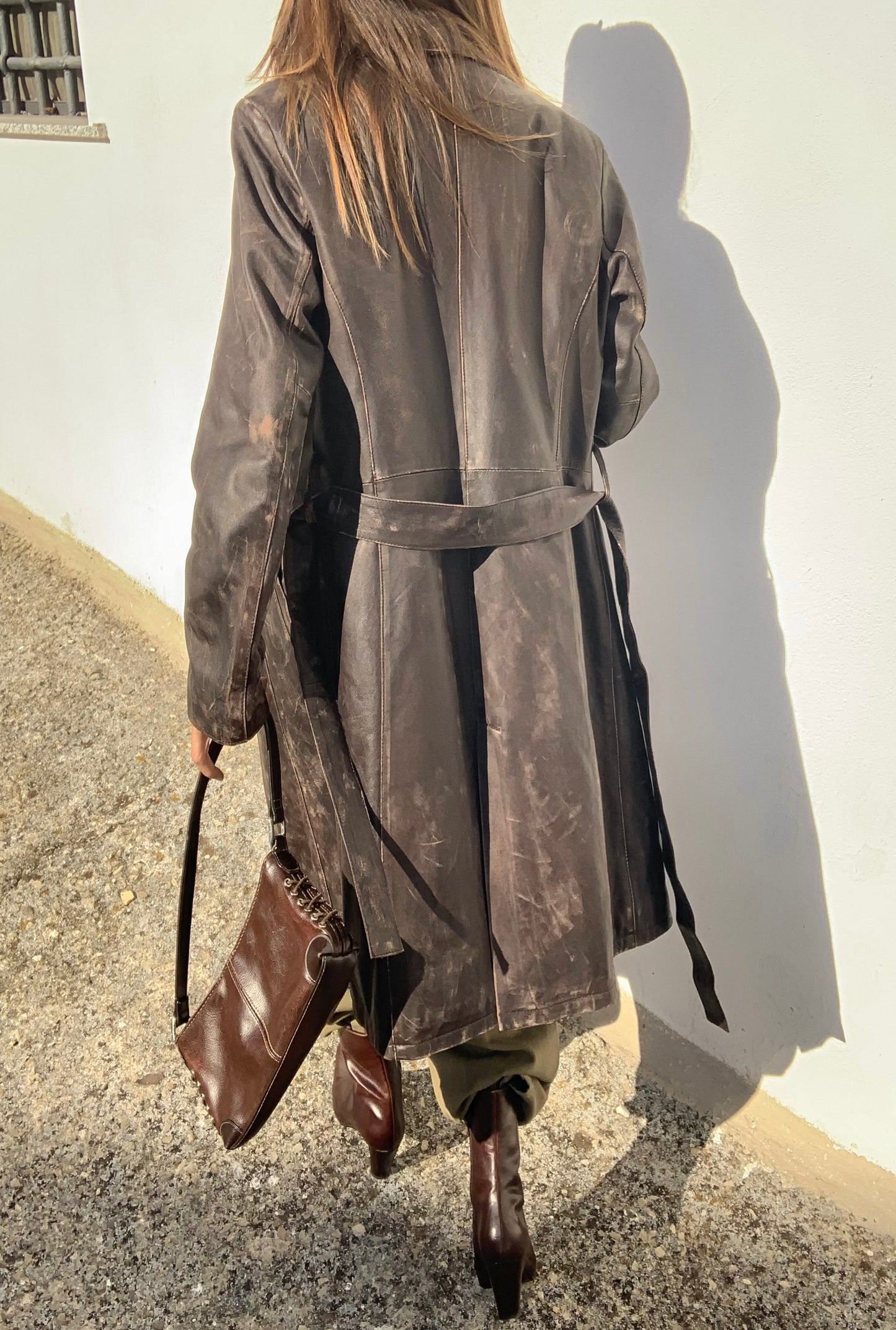 Vintage distressed leather trench coat