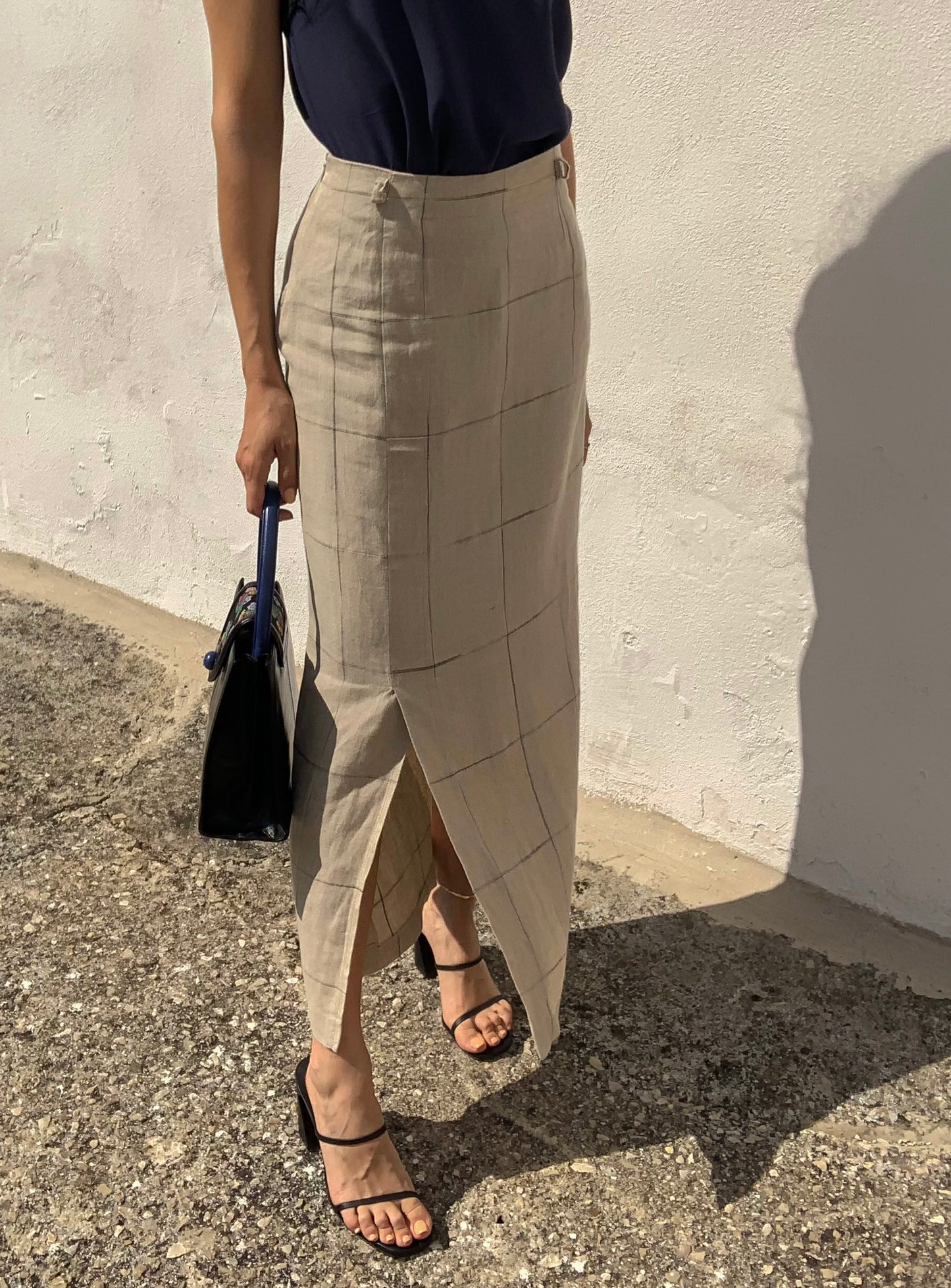 Vintage linen check midi skirt