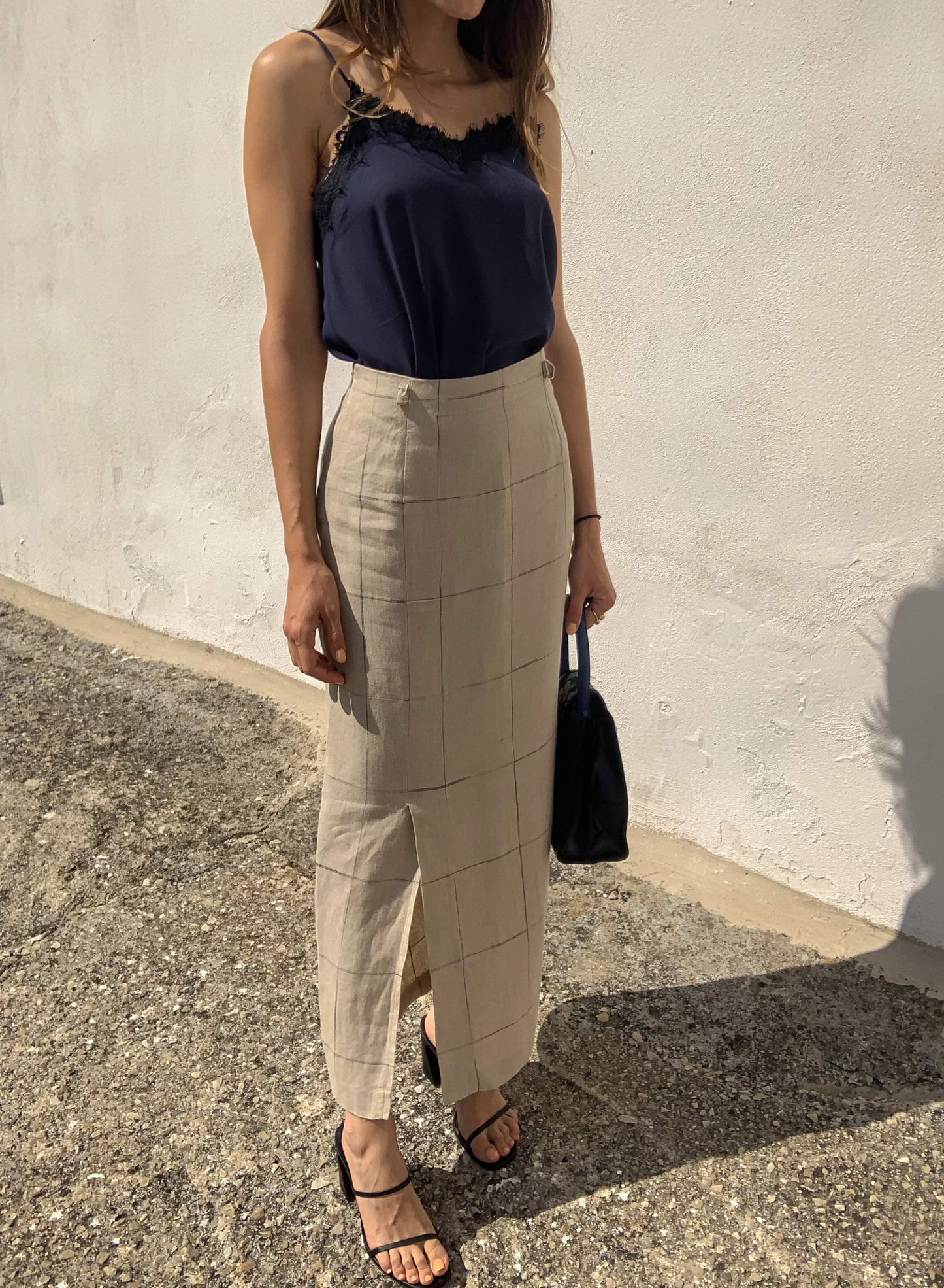 Vintage linen check midi skirt