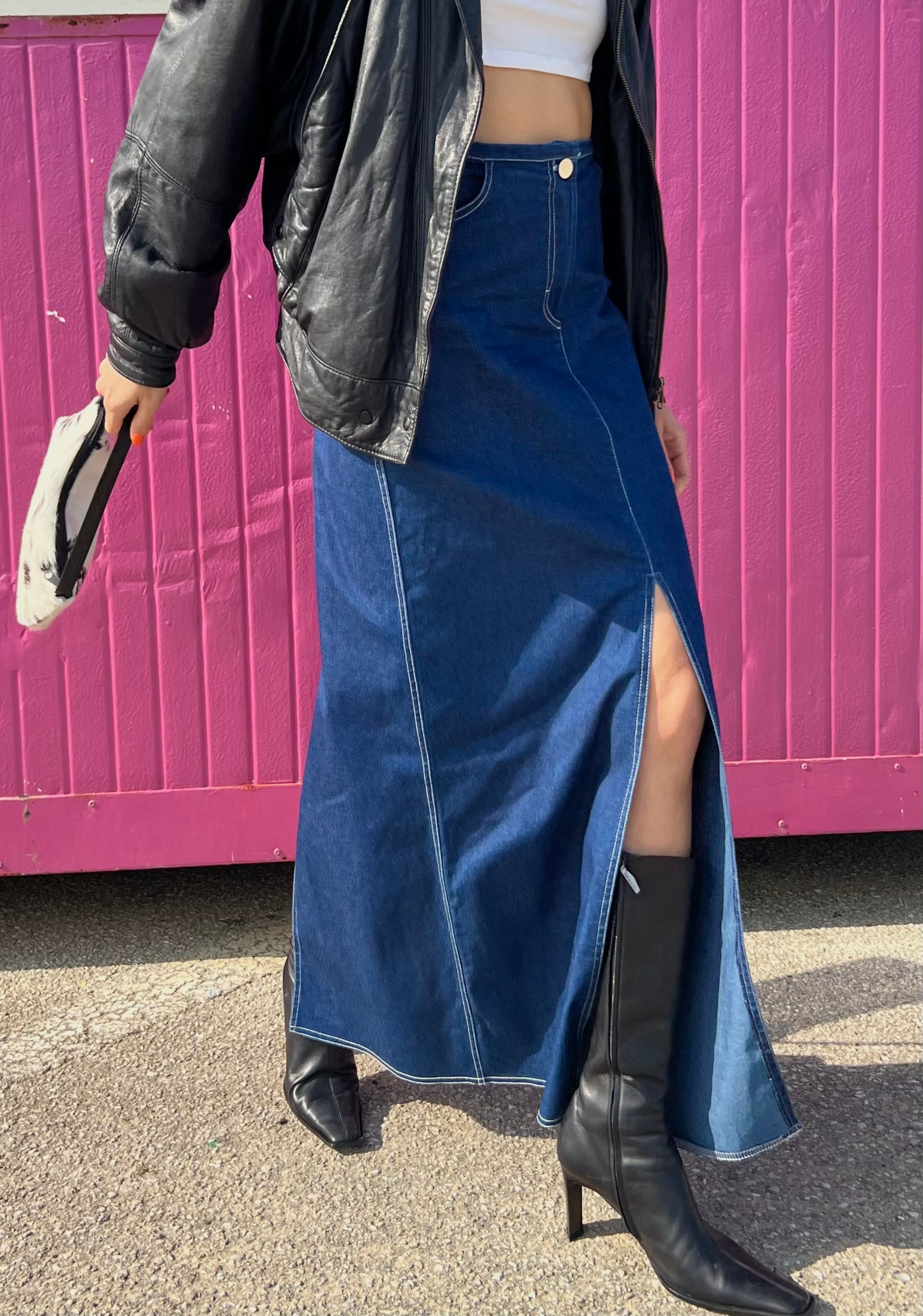Vintage denim long slit skirt