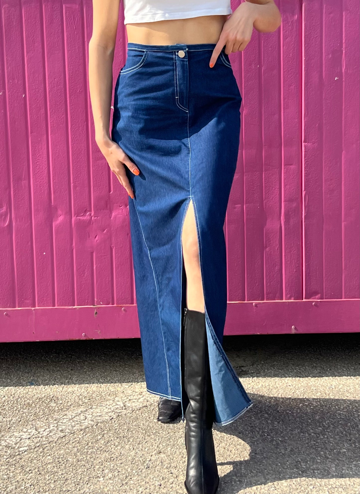 Vintage denim long slit skirt