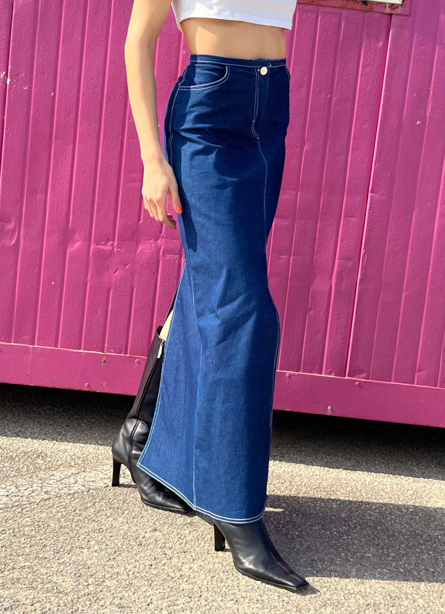 Vintage denim long slit skirt