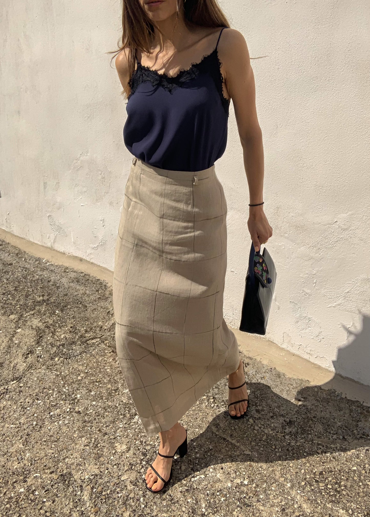 Vintage linen check midi skirt