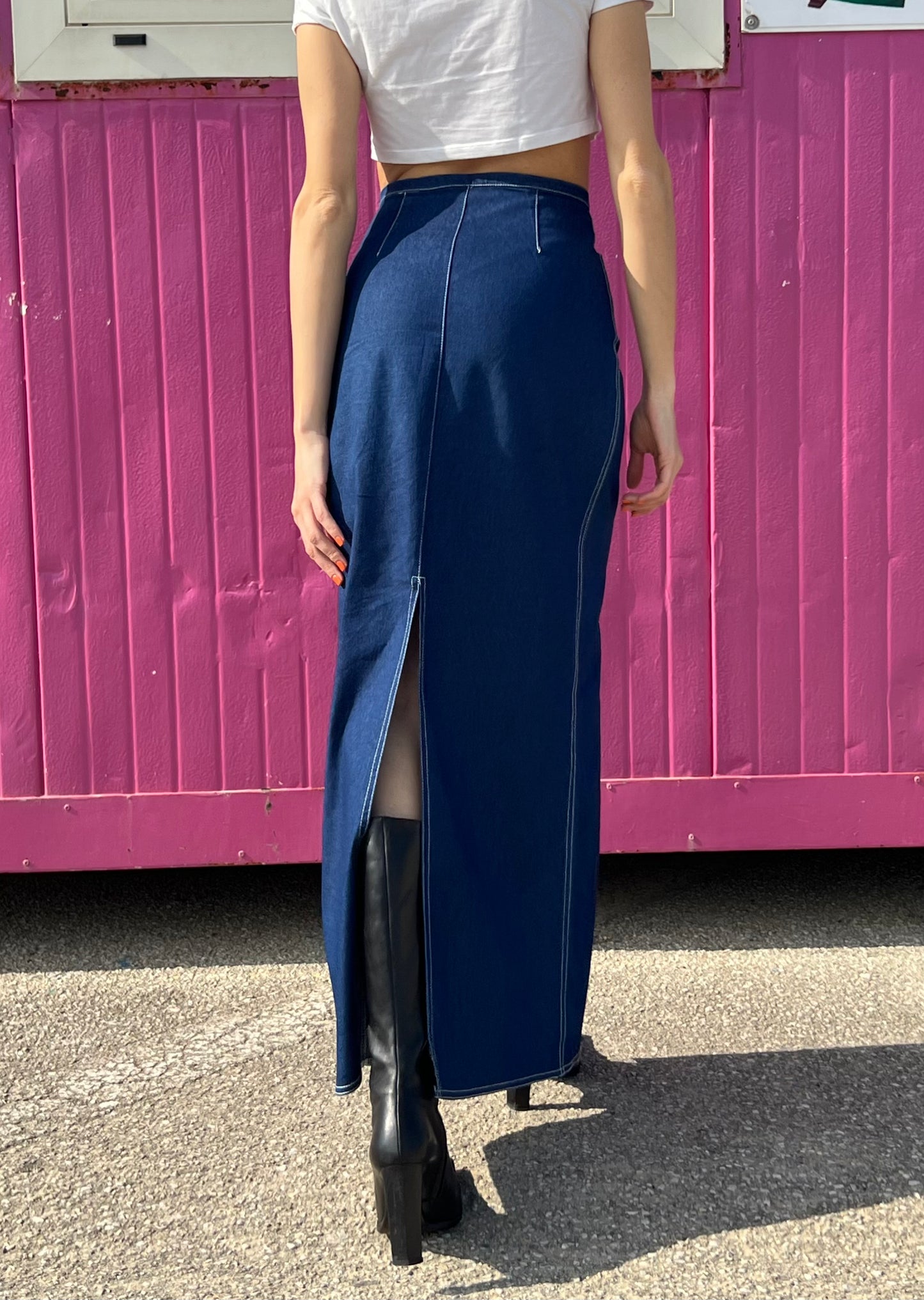 Vintage denim long slit skirt