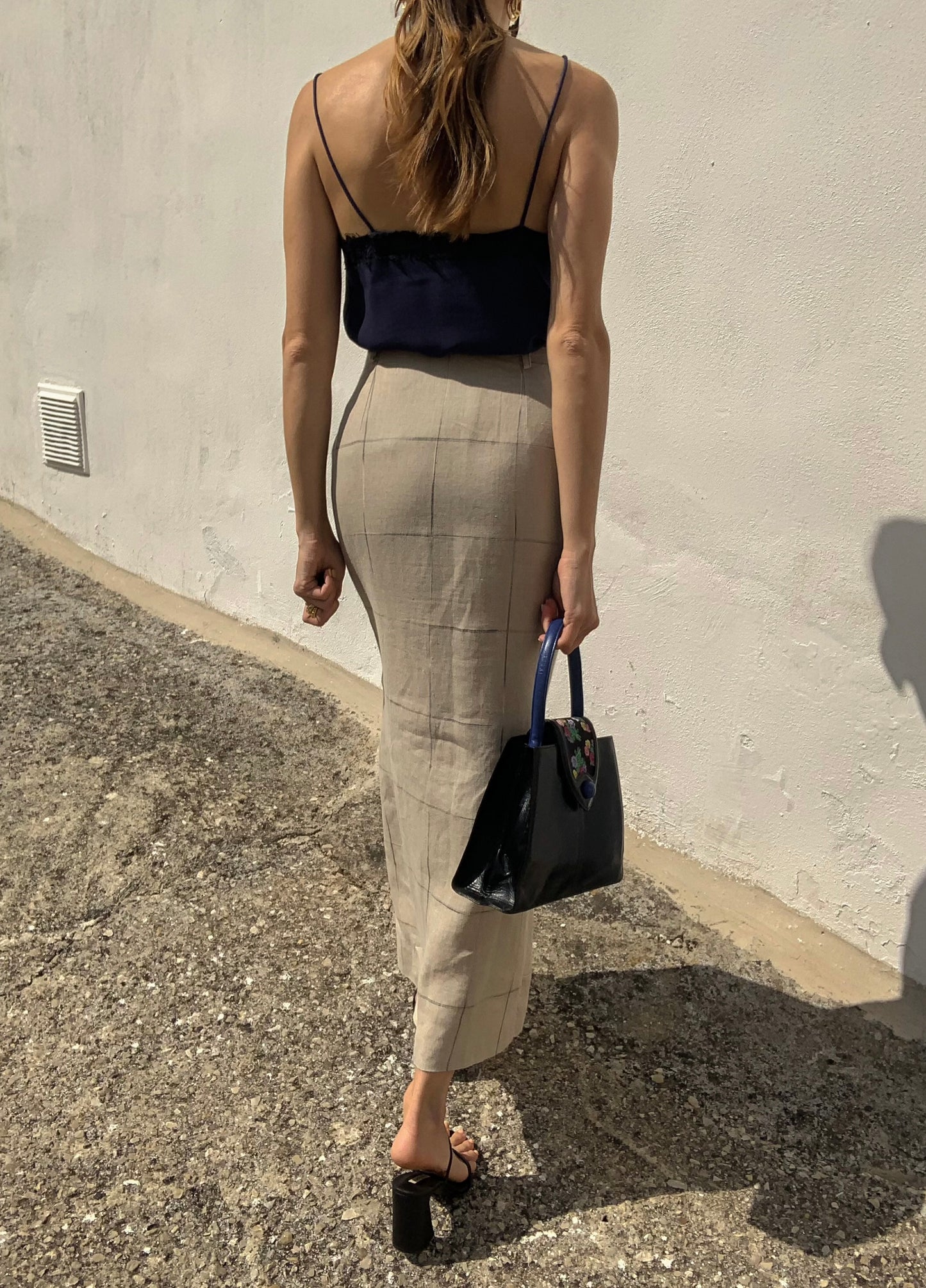 Vintage linen check midi skirt