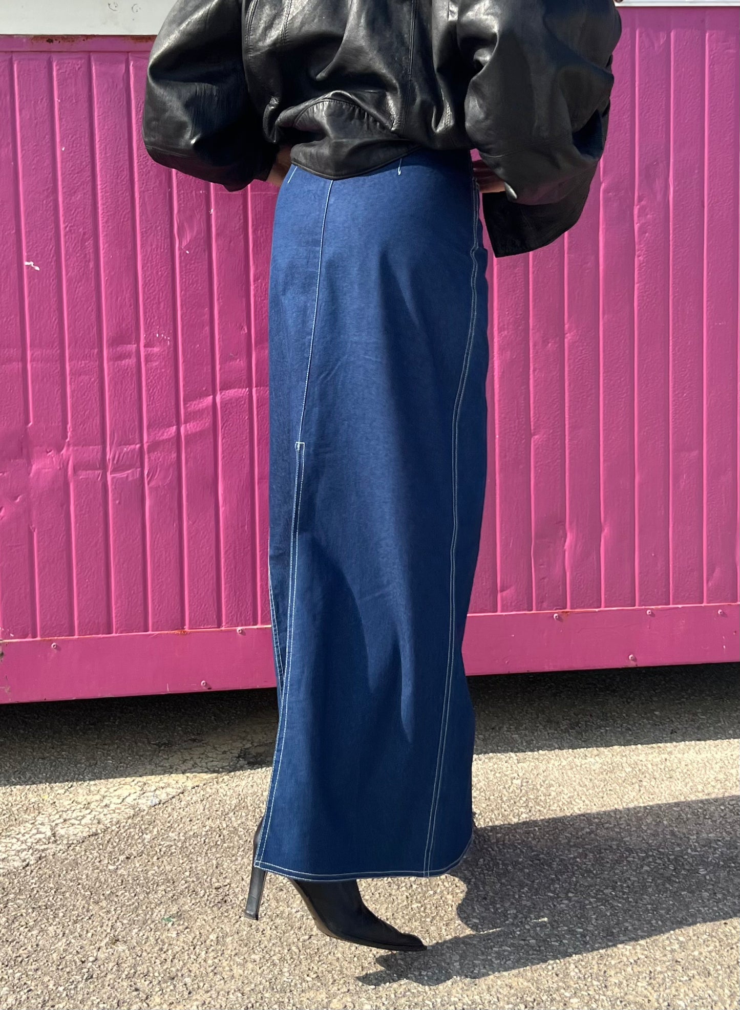 Vintage denim long slit skirt