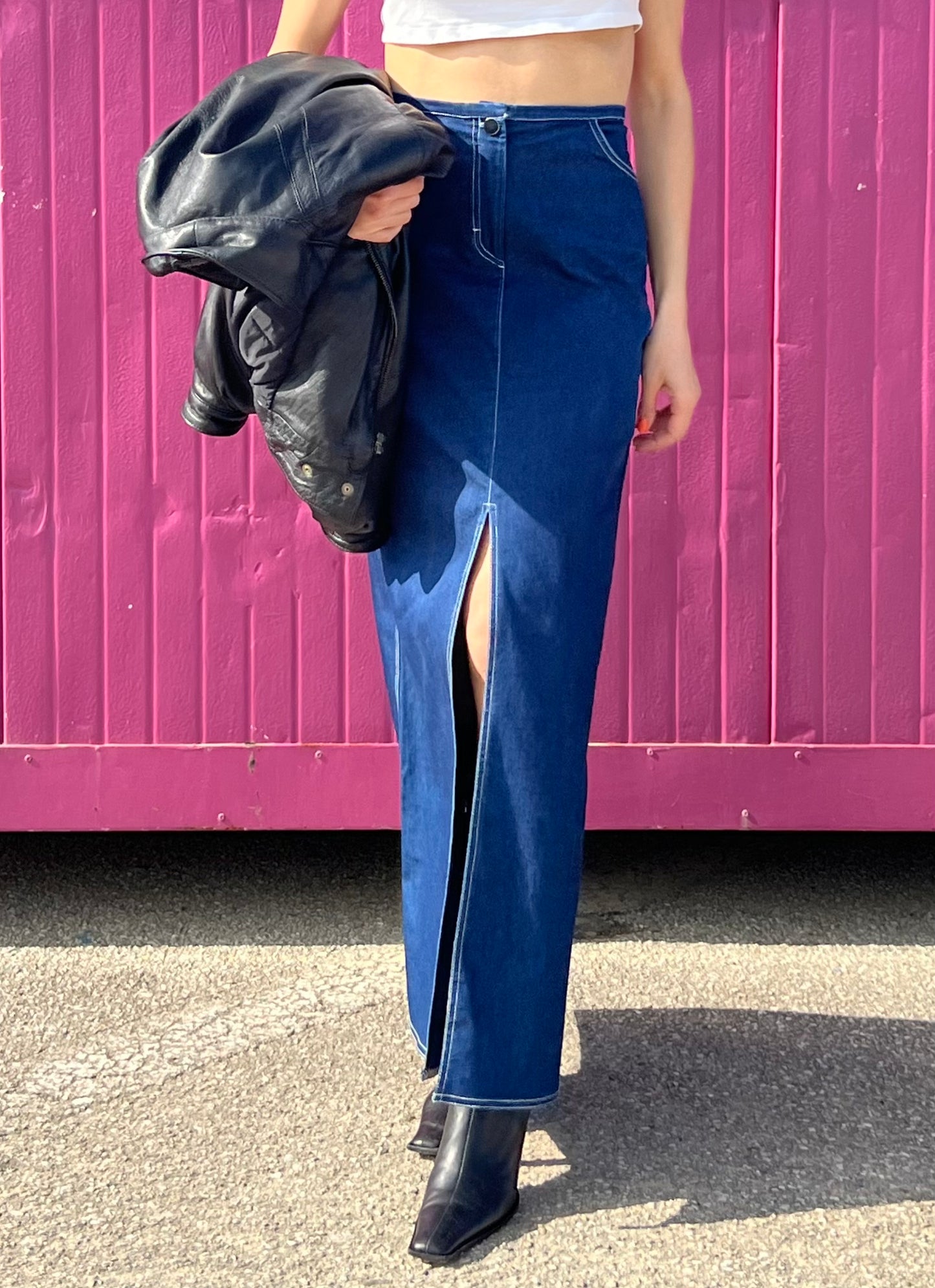 Vintage denim long slit skirt