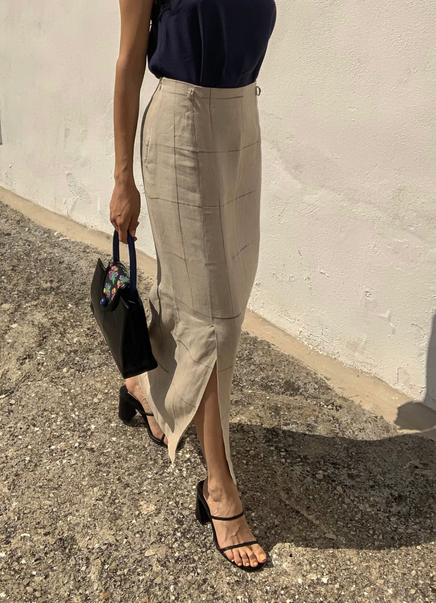 Vintage linen check midi skirt