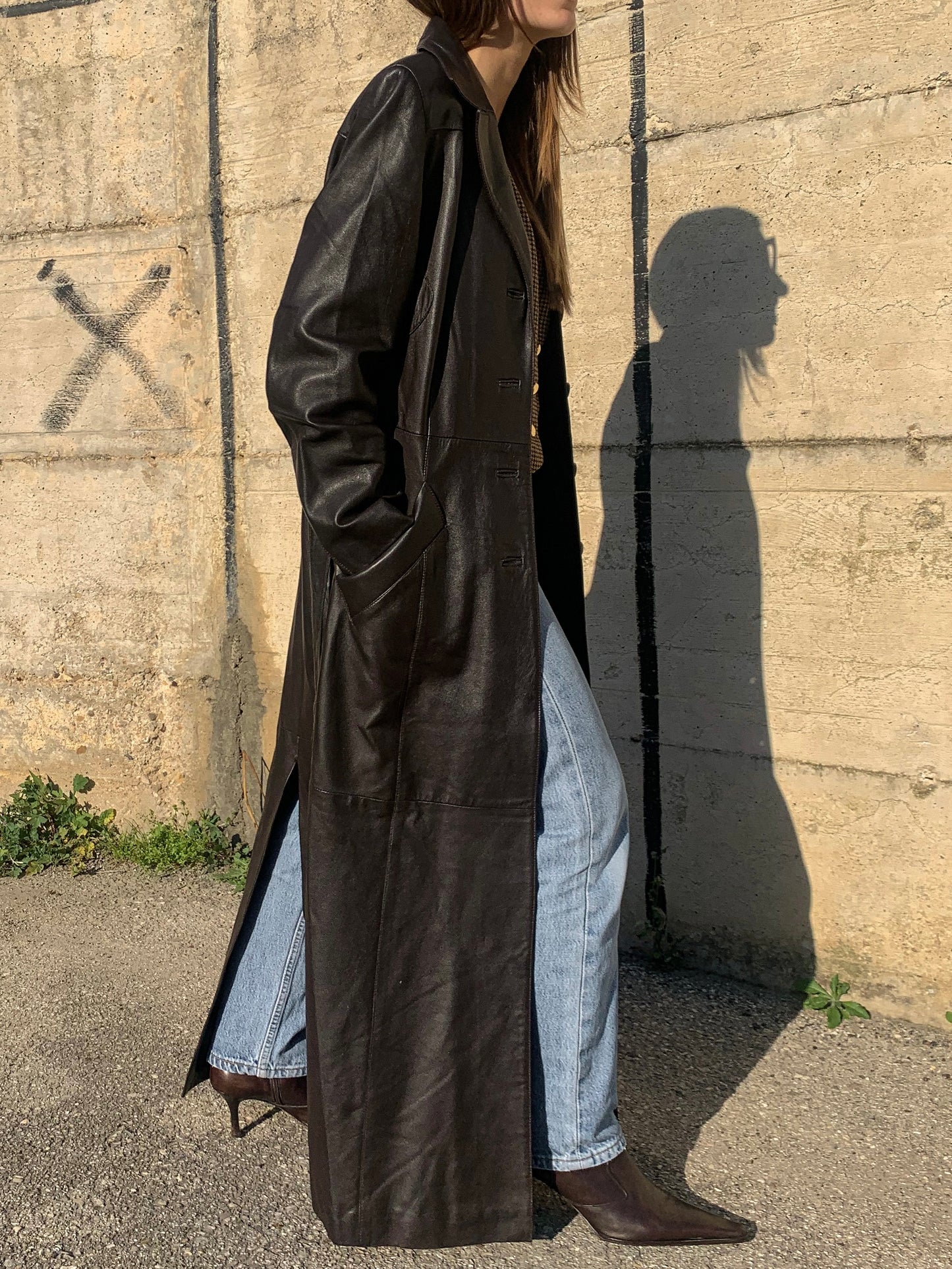 Vintage extra long leather trench coat