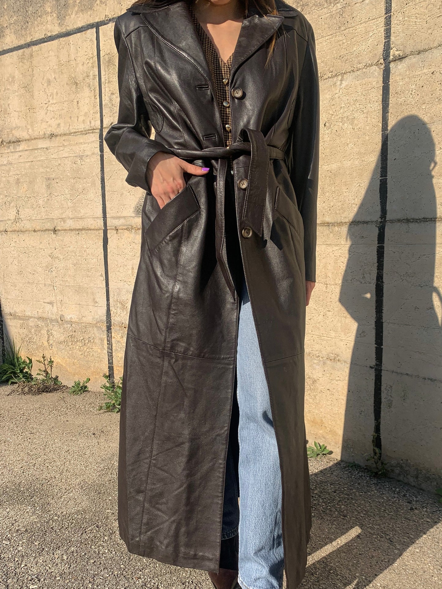 Vintage extra long leather trench coat