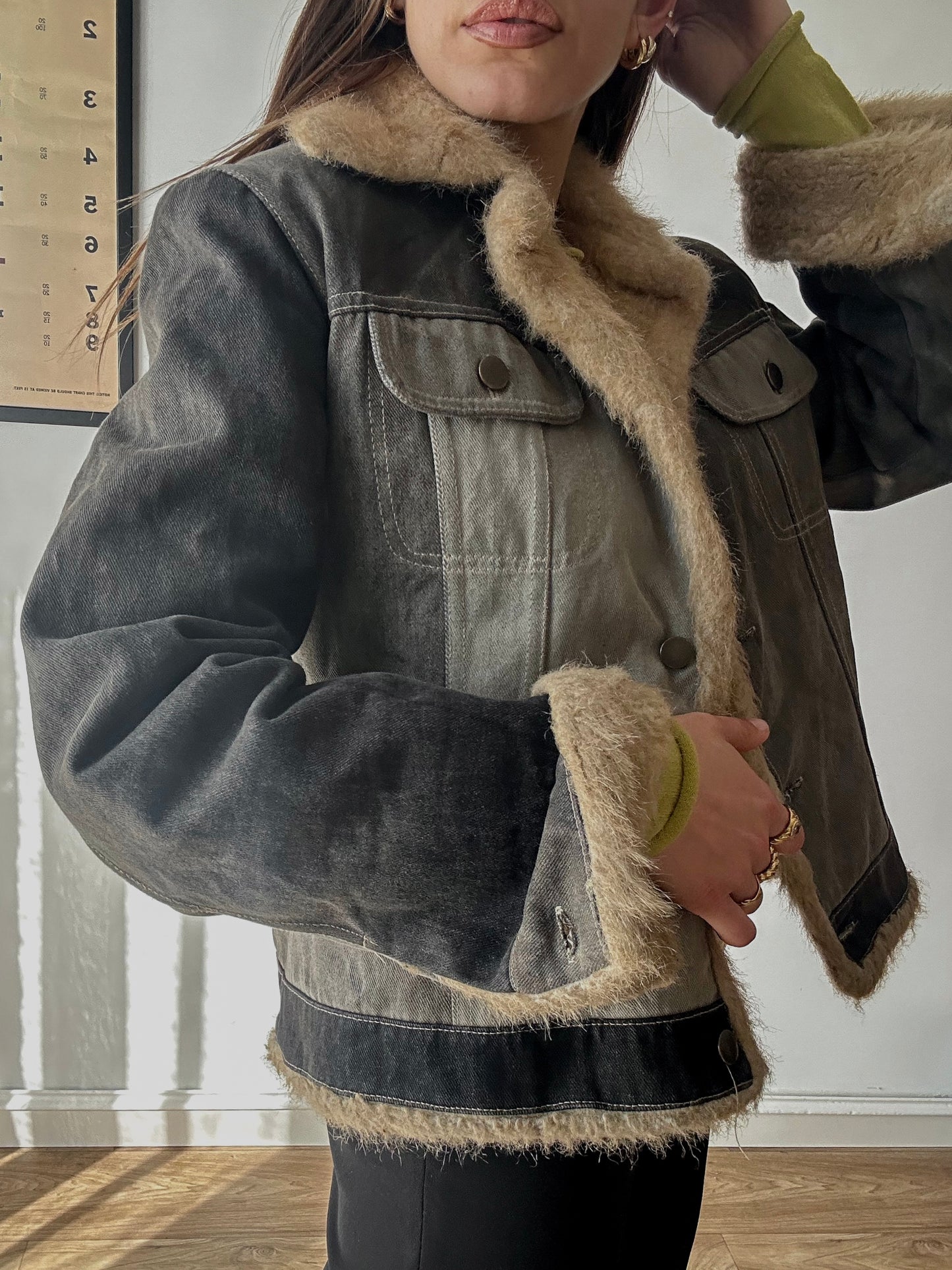 Faux fur washed denim jacket