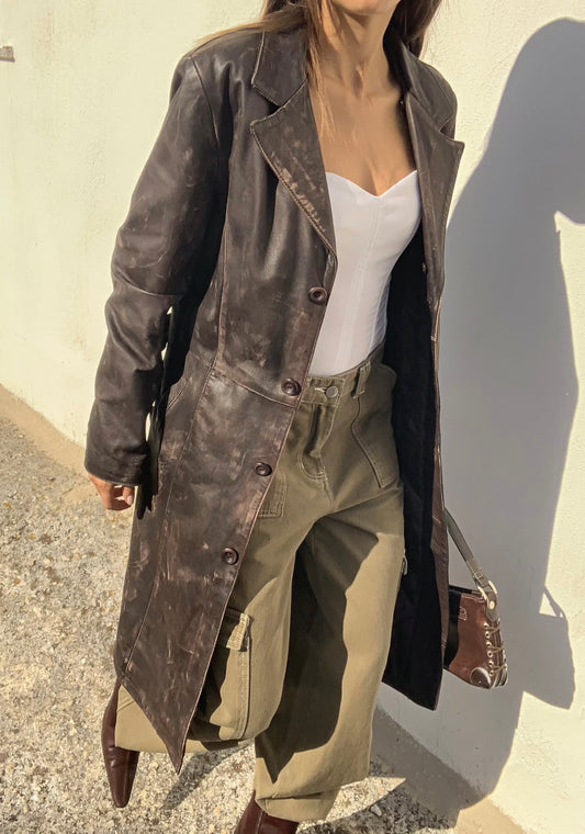 Vintage distressed leather trench coat