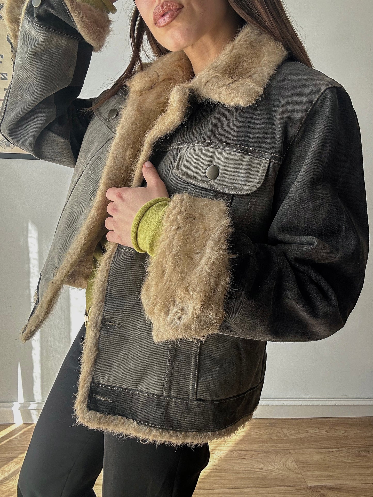 Faux fur washed denim jacket