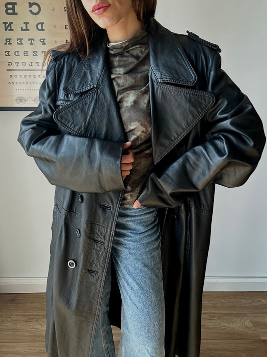 Leather maxi trench coat