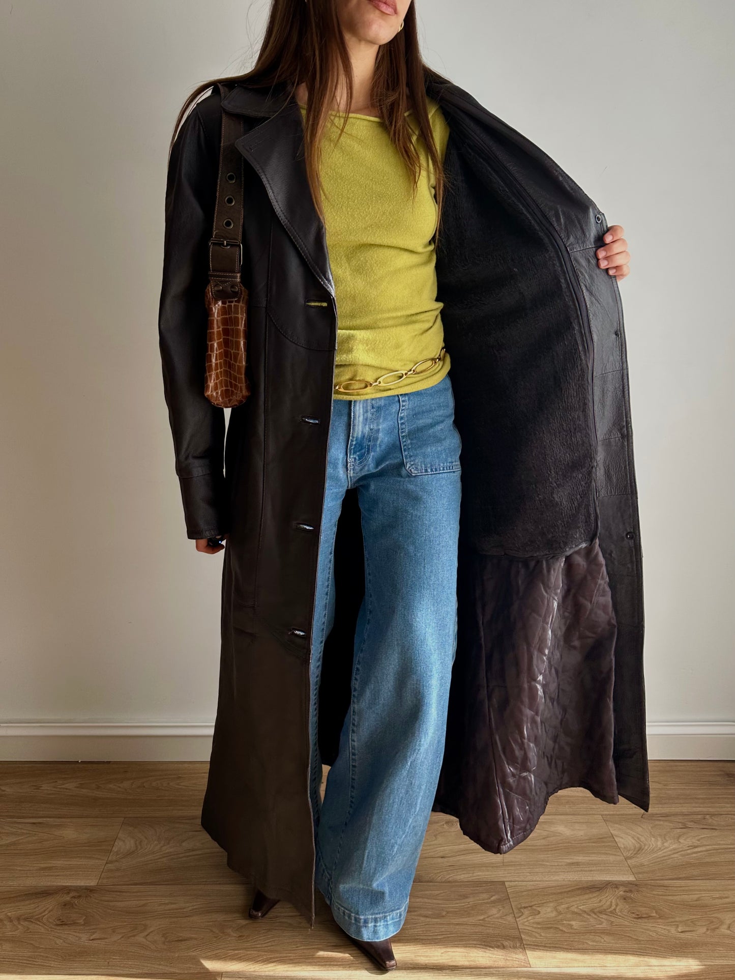 Choco leather xlong coat