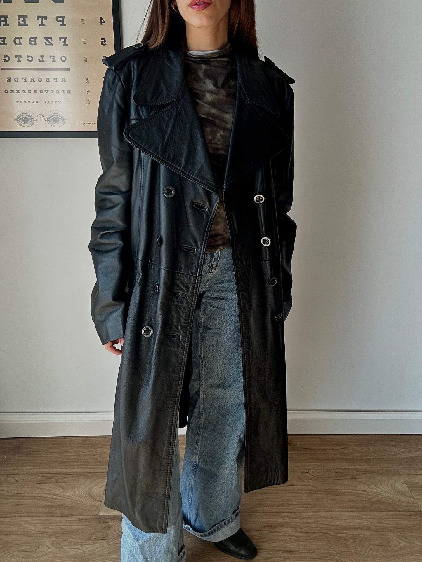 Leather maxi trench coat