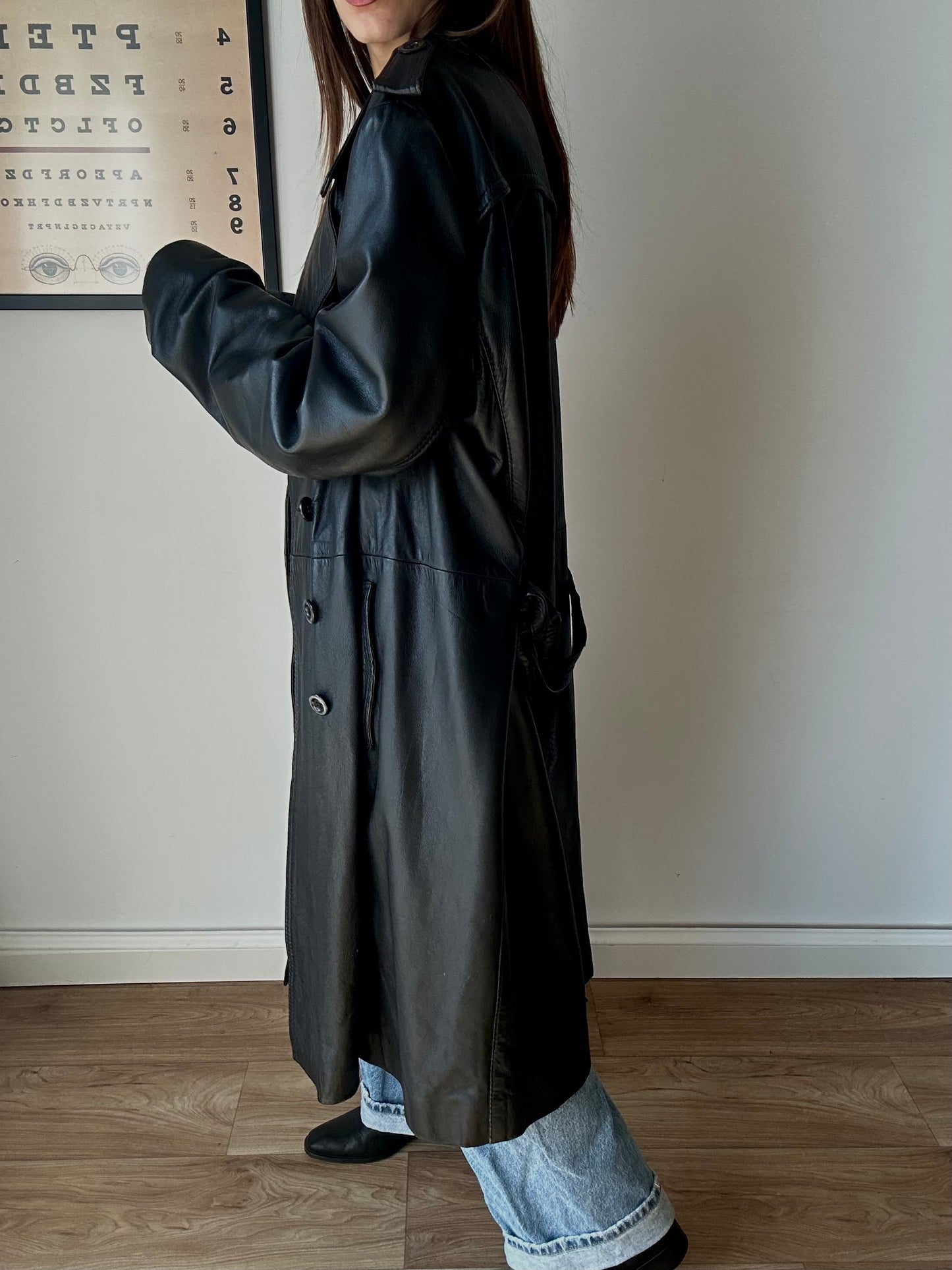 Leather maxi trench coat