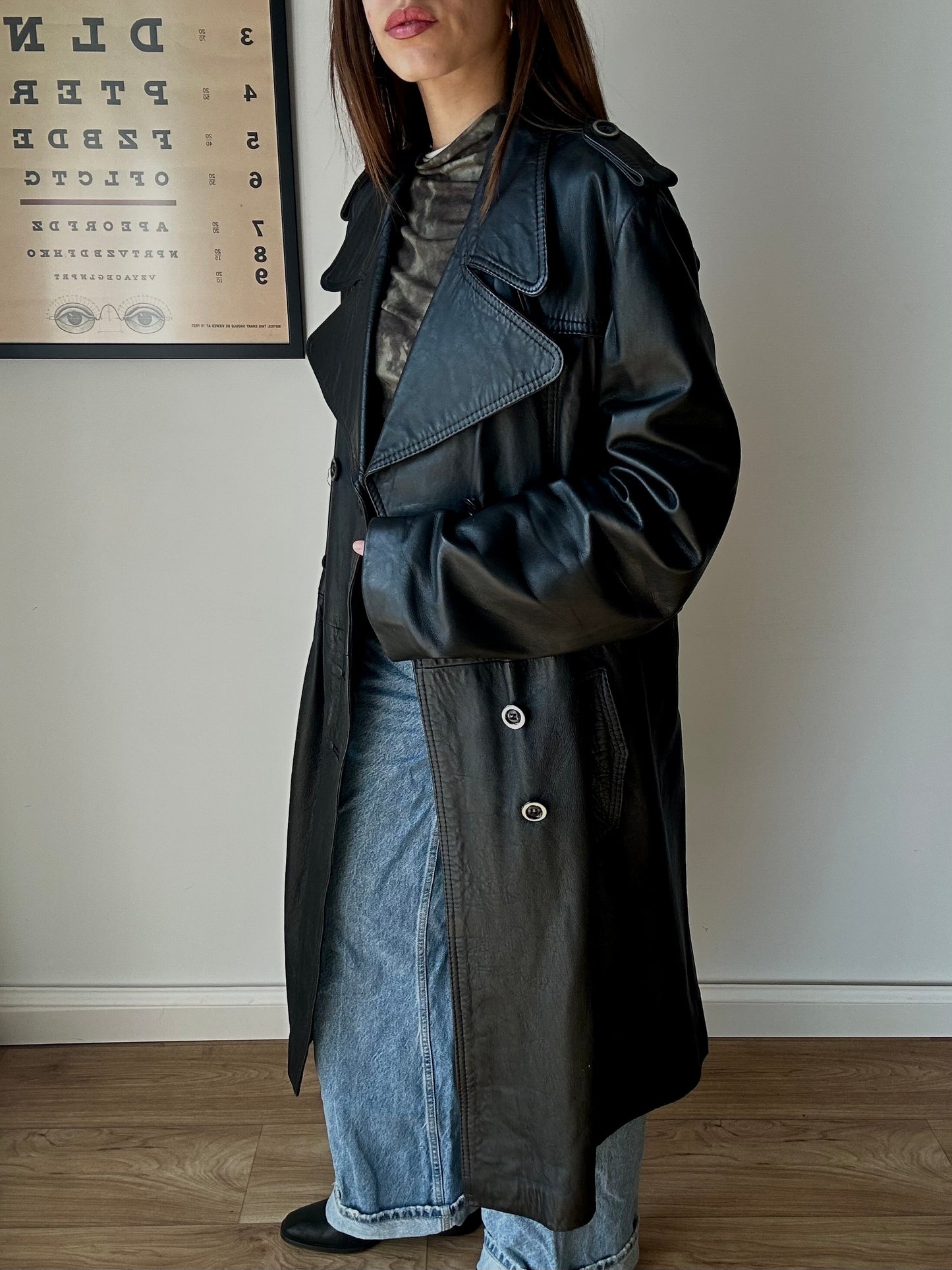 Leather maxi trench coat