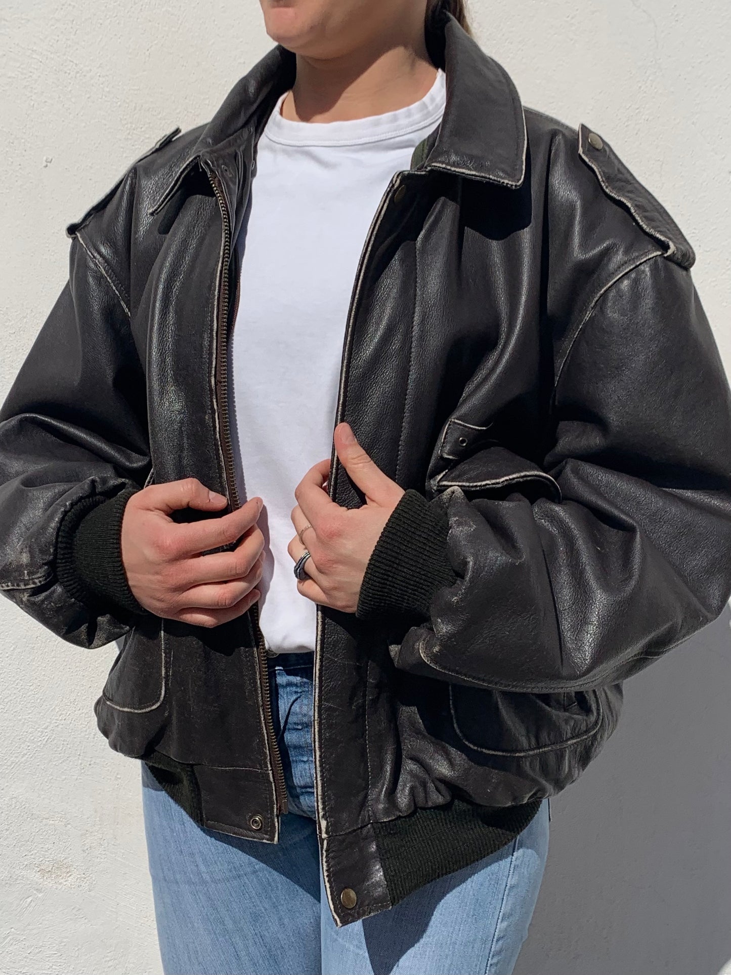 Vintage distressed leather bomber