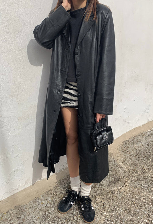 Black leather long trench coat