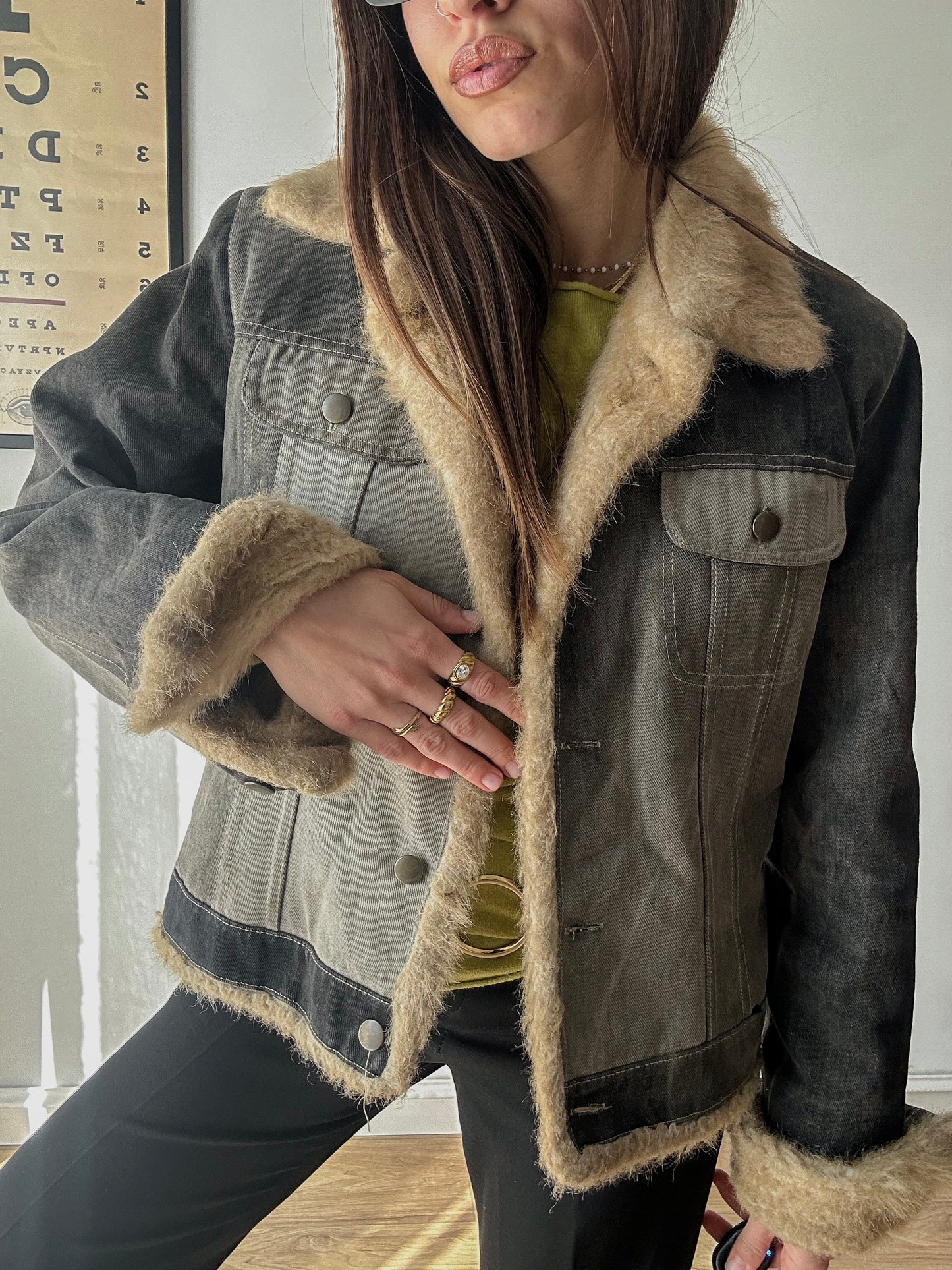 Faux fur washed denim jacket