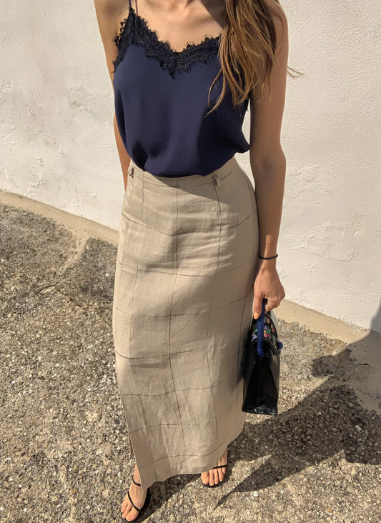 Vintage linen check midi skirt