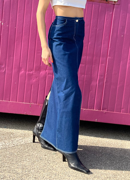 Vintage denim long slit skirt